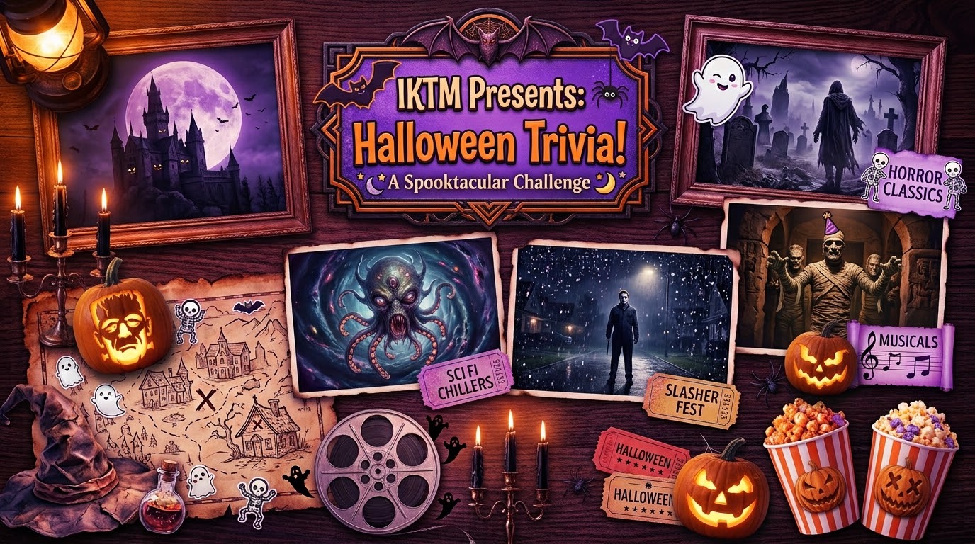 A sign reading 'IKTM Presents: Halloween Trivia! A Spooktacular Challenge', surrounded by Halloween scenes: a castle under a full moon, a hooded figure in a graveyard, a tentacled monster, a masked figure on a rainy street, mummies at a party, carved pumpkins, candles, ghosts, and buckets of popcorn.