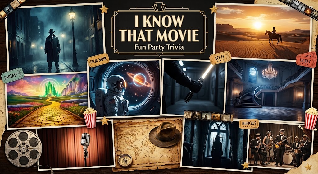 The words 'I Know That Movie, Fun Party Trivia' on an art-deco marquee, surrounded by a collage of movie scenes: a film-noir detective under a streetlamp, a cowboy riding at sunset, an astronaut looking at a ringed planet, a glowing sword, a yellow brick road, a grand staircase, a fedora on an old map, and a jazz band.